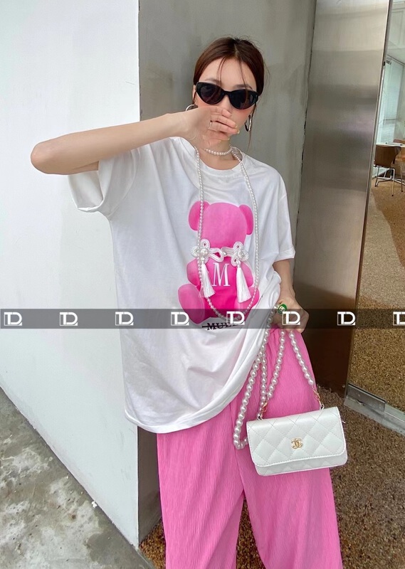 New in early summer! [tangdou original] bear buckle tassel printed short sleeve T-shirt 9556# WTT