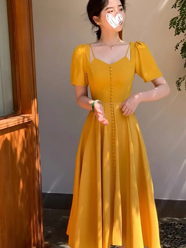 [JH] fashion temperament peach neck bubble sleeve waist dress (only dresses) 41758# PCZ