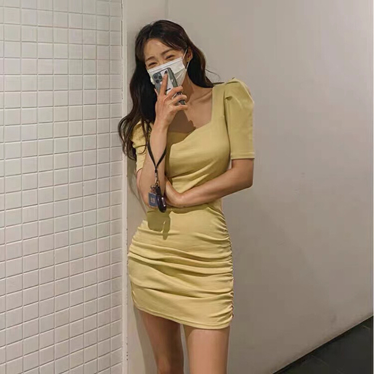 New year in early spring! [LML] Korean versatile square neck Pleated Dress 1428# ozq