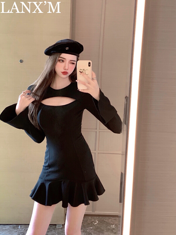 [lanxm] fake two slim fitting long sleeve temperament dress 16062# cqw