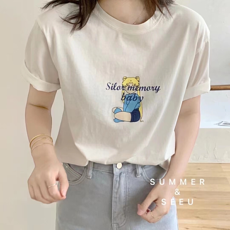 [Irene] simple and versatile loose cartoon short sleeve T-shirt 2258# WTT