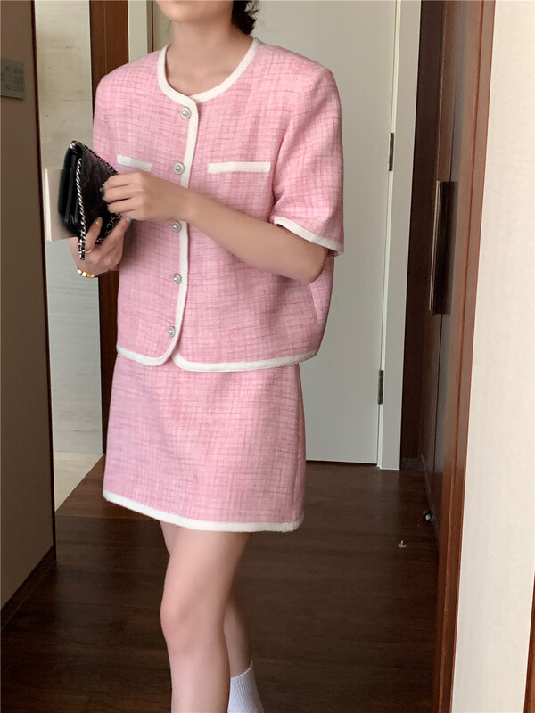 goods in stock! [feeding] small fragrance color contrast edge short coat + slim skirt two-piece suit 7807-h6# cqw