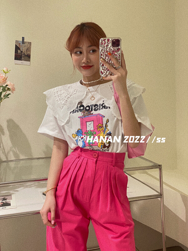 [Hanan] Korean versatile loose large doll neck short sleeve T-shirt ys1-6108# LSL