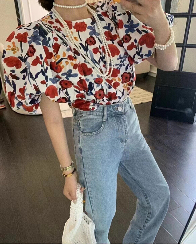 [MI] Hong Kong style retro bubble sleeve flower blouse 9247# PCZ