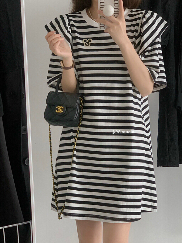 [RS] flying sleeve cartoon embroidery stripe dress rs2016# XYY