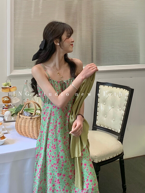 New in early summer! [ing] small fresh high waist slim Decor suspender dress 6968# ZSY