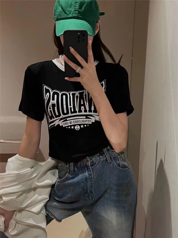 [top] Korean color contrast letter printed backless short sleeve T-shirt ys1-3007# zjy