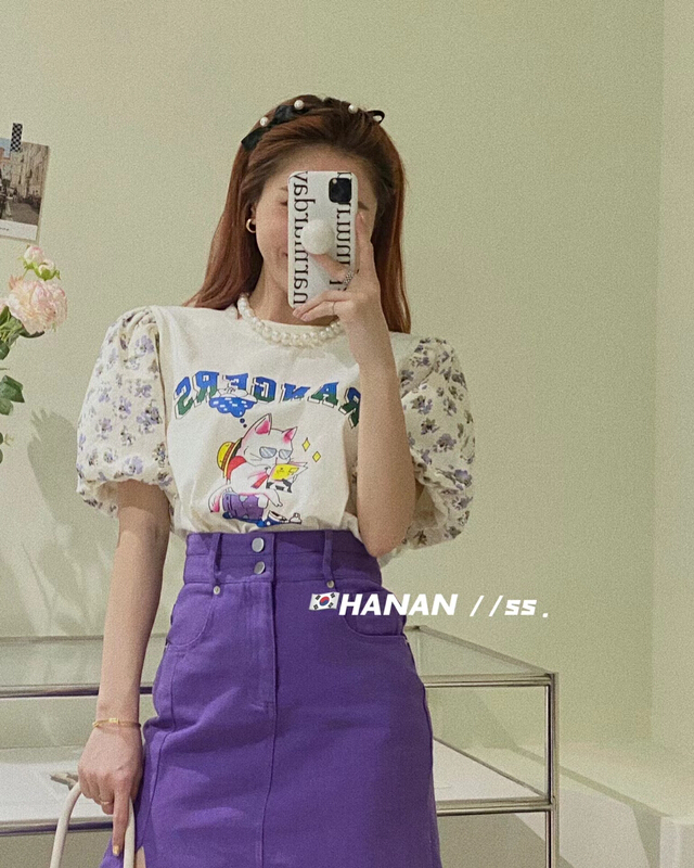 [Hanan] Korean versatile cartoon printed short sleeve T-shirt 6221# LSL