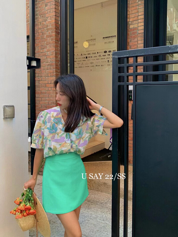 goods in stock! [u say] Korean version of foreign style pleated pattern design, high waist, thin and versatile solid A-line skirt 65603# LSL
