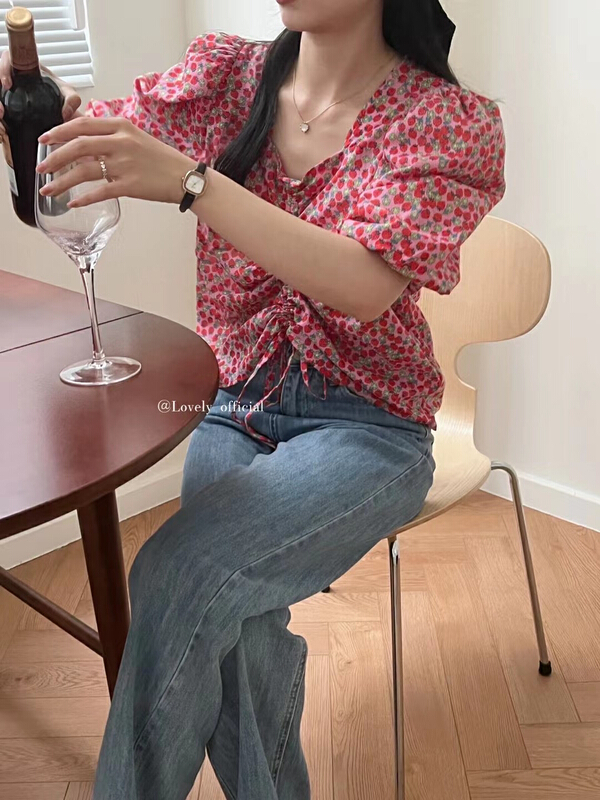 【 love 】 sweet temperament broken flower bubble sleeve drawstring slim shirt s1350# HBx