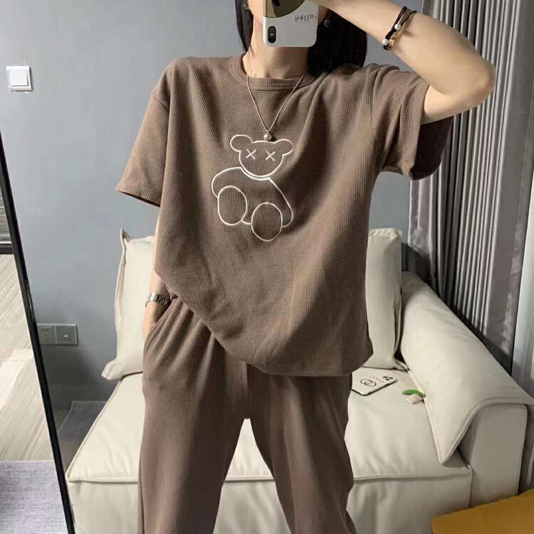 New in early summer! [three thousand gold] simple and versatile bear short sleeve + versatile basic solid color casual pants set z-9# ll