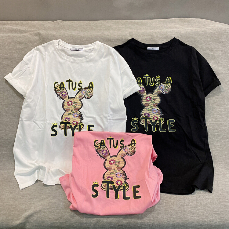 [Qijia +] printed rabbit round neck short sleeve T-shirt 7708# JJ