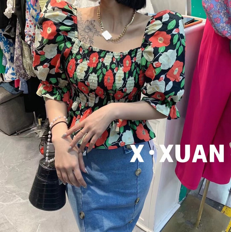 New in early summer! [x.xan] square collar floral tie small shirt 6812# PCZ