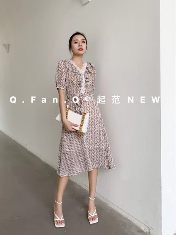 Original price 100.39! [style] pearl Chiffon wage lace dress (with belt) 7227# JJ