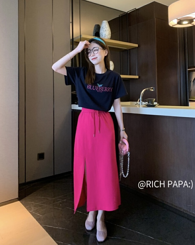 [rich Papa] Korean elastic waist split ins skirt q064# zxx