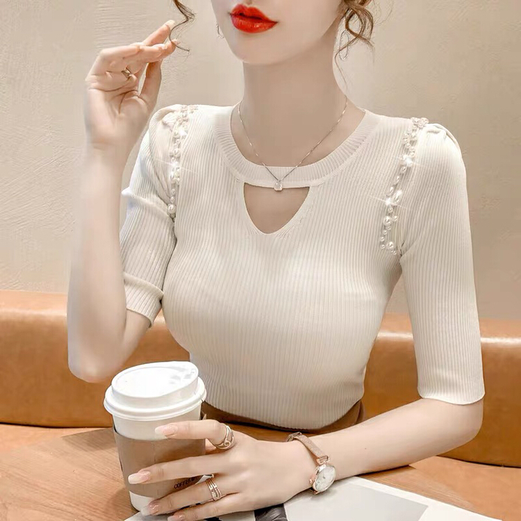 New in early summer! [F.P.] hollow out Beaded medium sleeve sweater 51508-2# HBx