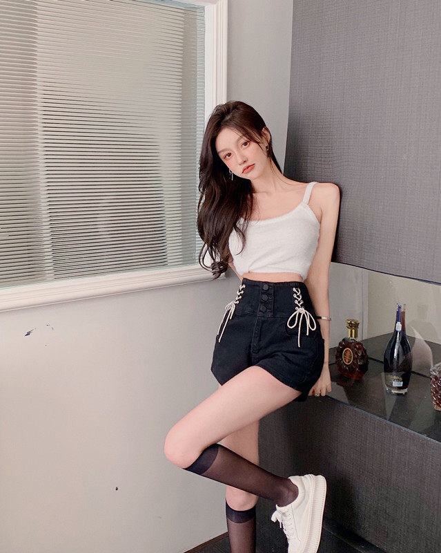 [good] high waist elastic strap design denim shorts 7395# JJ
