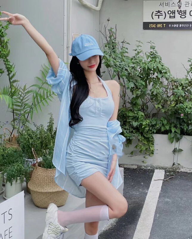 [JH] drawstring comfortable shirt + neck hanging Lady Dress Set (only shirts + skirts) 41371# PCZ