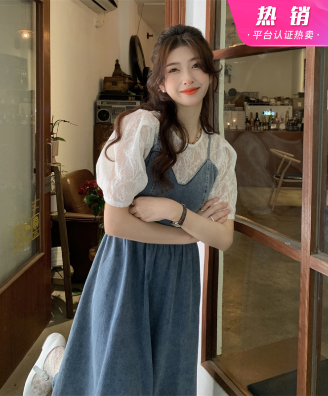 [y.jia Yijia] gentle round neck lace bubble sleeve blouse + simple and versatile suspender denim skirt set ys1-8962# PCZ