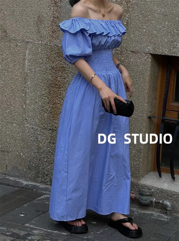[DG] one shoulder and two waist striped dress 8119# XJ