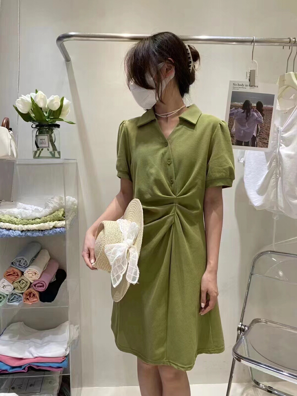 [top] Korean versatile pleated short sleeved dress 3017# zjy
