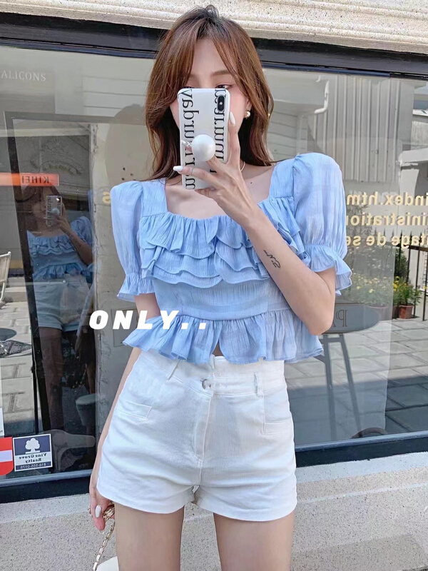 [only] ruffled square collar design backless strap short shirt 1855\jj