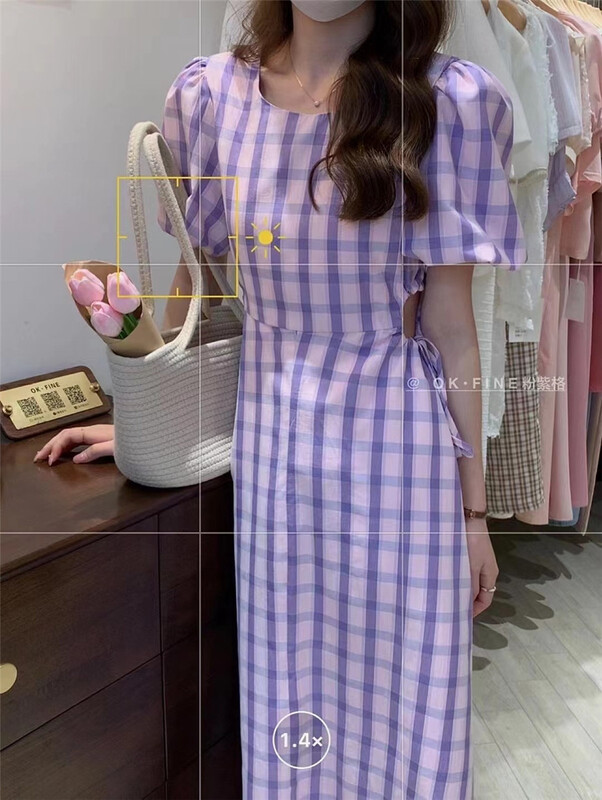 [OK fine] Korean version to show off waist Plaid Dress 2035# zjy in bubble sleeve