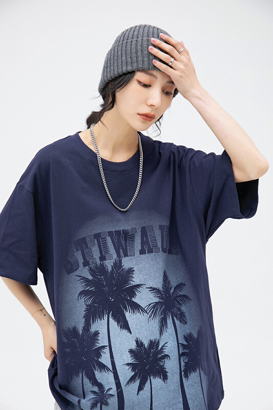 [Tess] round neck loose print versatile short sleeve T-shirt stit085# ZZL