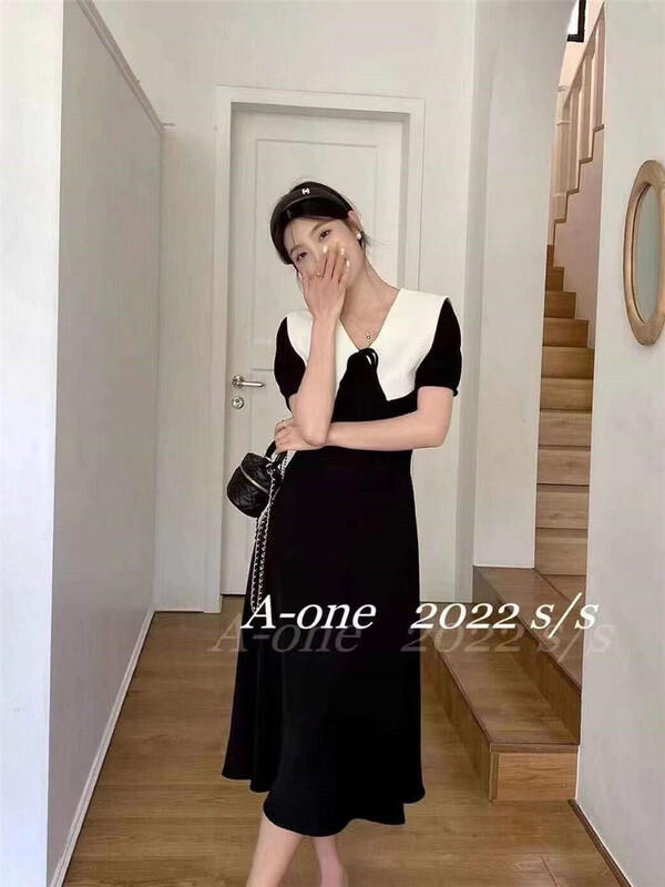 New in early summer! [Xiangli] Korean color contrast doll large lapel age reduced waist dress 8858# PCZ