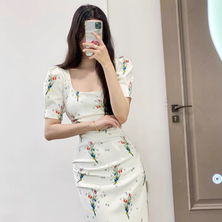 [Yandian] Korean style square collar floral medium length dress 33123# JJ