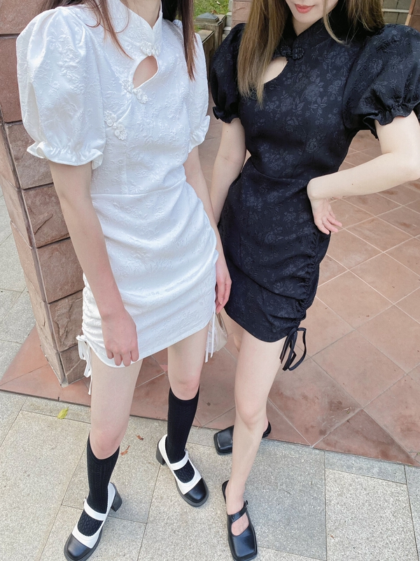 New in early summer! [twins] national style coil buckle embroidery design feeling drawstring slim waist closing cheongsam dress 8076# hjy