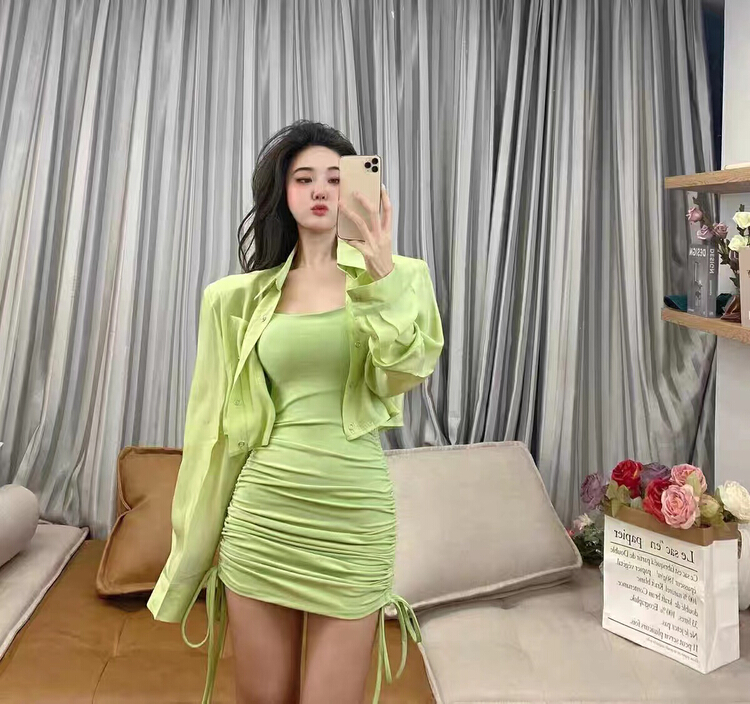 [FF. Studio] sexy drawstring Pleated Dress + simple and versatile shirt set 3995# ozq