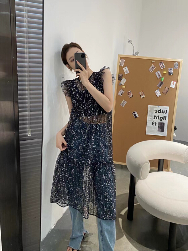 【MI】韓系碎花網紗無袖連衣裙  9563#  PCZ