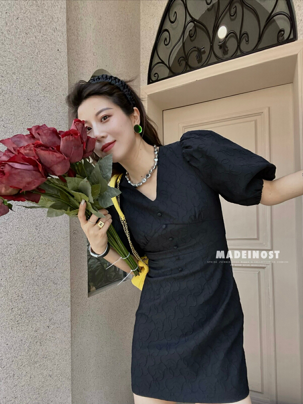 [OSHA madeinost] small man must have Vintage embroidered bubble sleeve dress 86223# ll