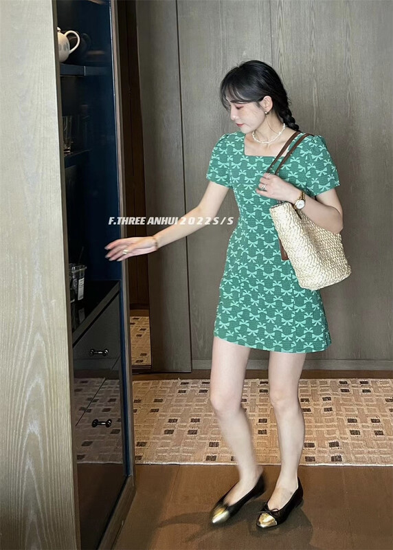 [f.three] custom fabric square neck bubble sleeve bow short dress 95199# XJ