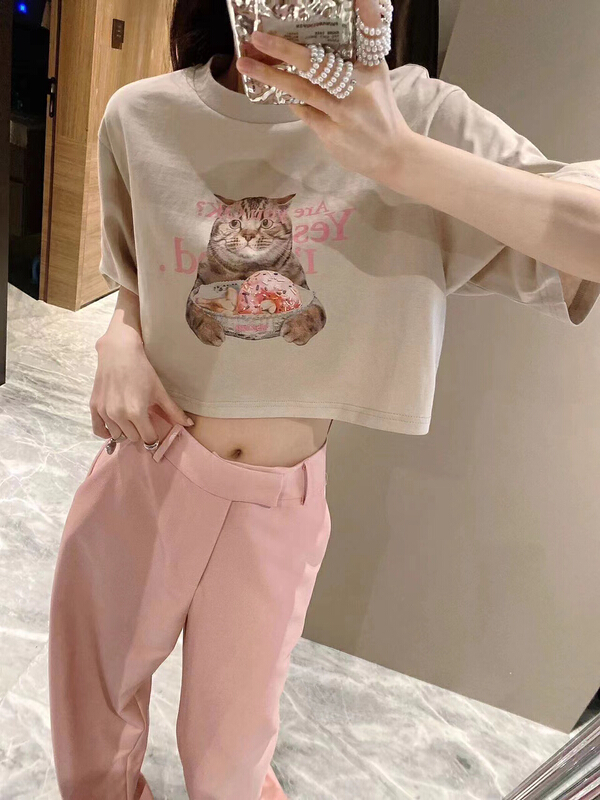 [Nancy] printed letter short cute funny meow and doughnut printed design Short Sleeve T-shirt t5# WPL