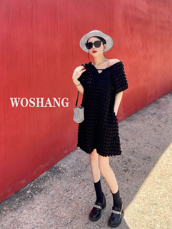New in early summer! [woshang woshang] Korean V-neck design, unique tea break waffle bubble sleeve dress 1210# XYJ