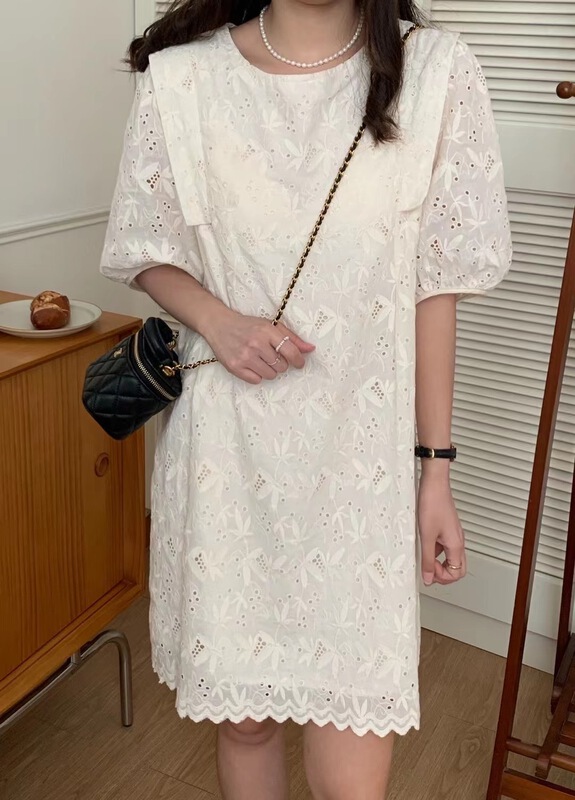 [o.lucky] round neck hollow out embroidery dress 1807# HBx