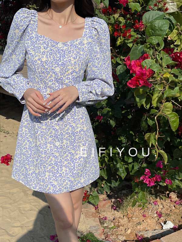 New year in early spring! [EI fi you] small fresh broken flower square neck dress 1969# LSL