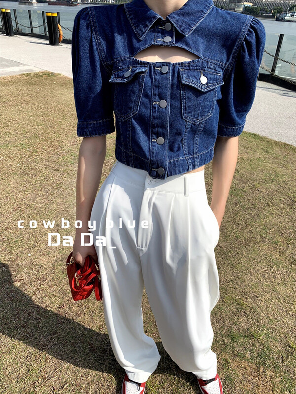 [dada] design sense hollow out row button bubble sleeve Denim Short shirt 7105# zxl