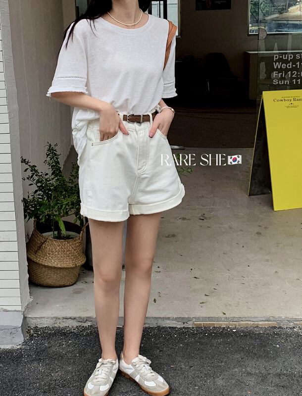 New in early summer! [rare she] casual bottom hem denim shorts (with belt) 5206# LSW