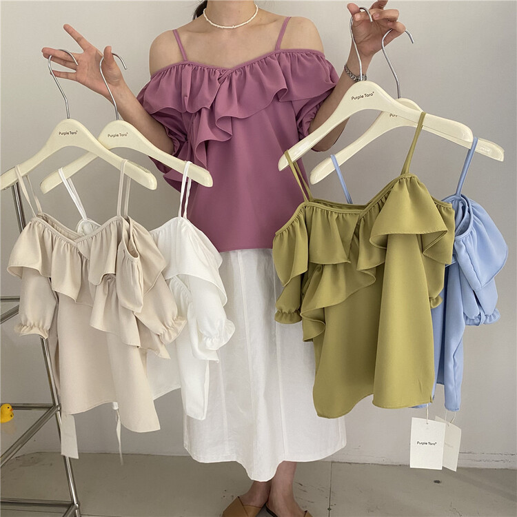 New in early summer! [zishujia] Korean version of slim off shoulder suspender shirt 6658# HBx
