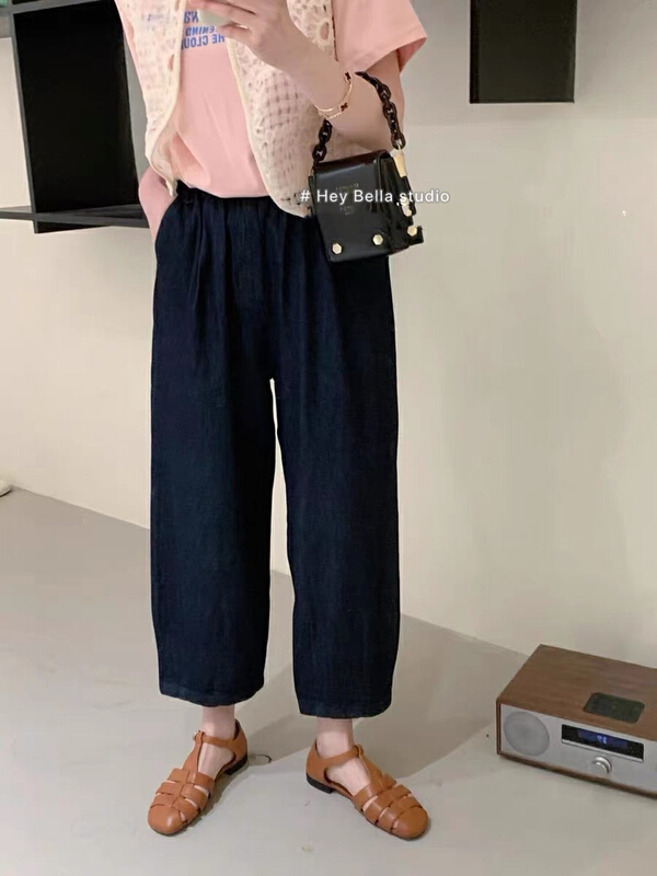 goods in stock! [hey Bella] one button Elastic Waist Wide Leg Jeans 2317# ll