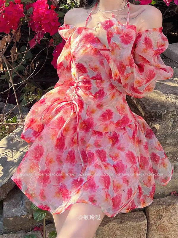 goods in stock! [tangtangtangjia] net red printing neckline one shoulder dress 2960# PCZ