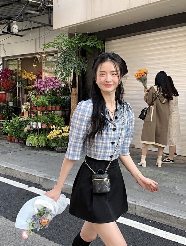 goods in stock! New year in early spring! [JH] contrast checked breasted blouse + Hip Wrap Skirt two piece suit 41050# PCZ
