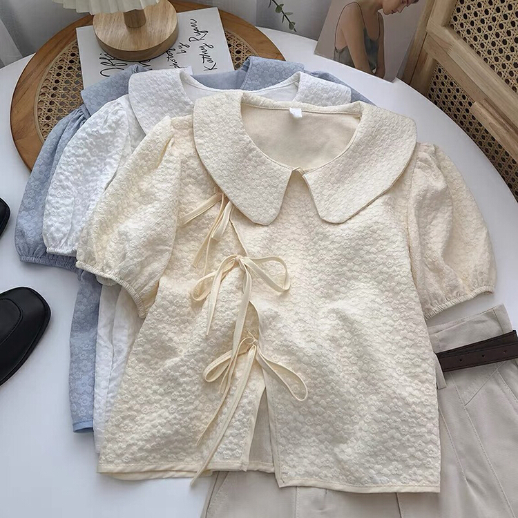 New in early summer! [Gangan] cross tie Lapel short sleeve doll sweet little shirt 1256# Cl