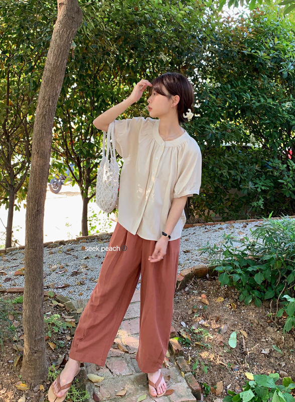 New in early summer! [seek peach] cotton, linen and lace soft blouse 5171# ll