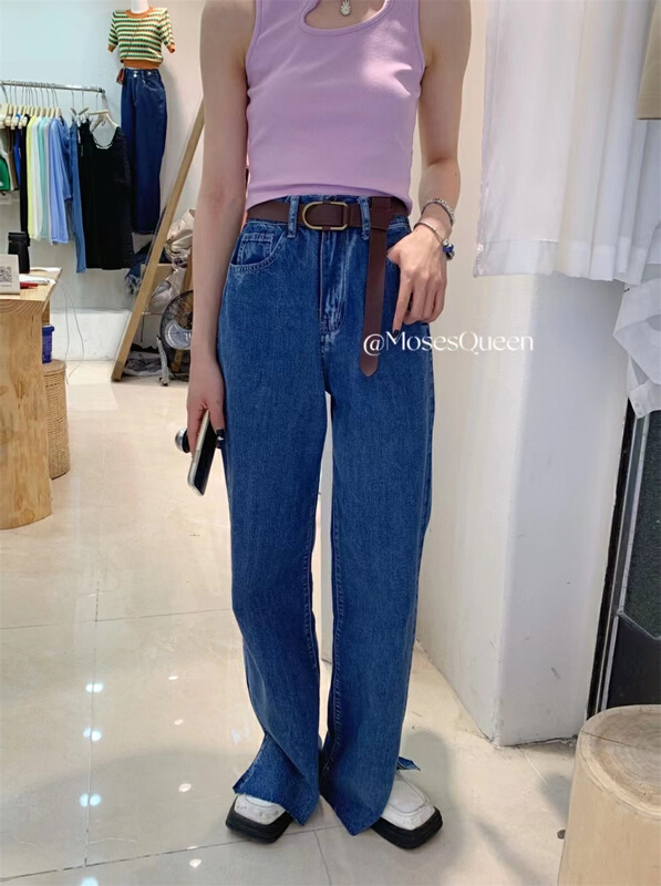 goods in stock! [moss queen] personalized and versatile solid color slit jeans 56012# XYY