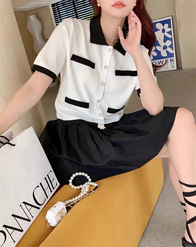 [Weika] xiaoxiangfeng double breasted short sleeved knitted cardigan 8109# lwy