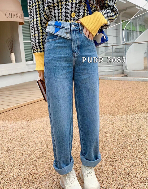 New year in early spring! [pudr] design waist contrast flanging love wide leg jeans 2083# XJ